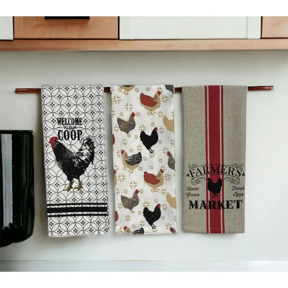 Serafina Home 3 Country Rooster Kitchen Dish Towels Farmhouse Chicken Coop Gift